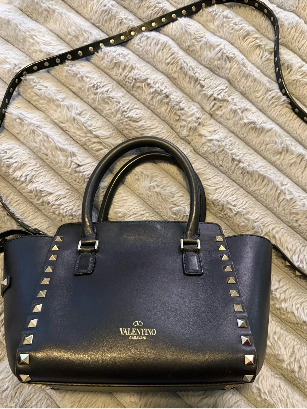 Valentino Black Leather Pyramid-Stud Tote with Gold Hardware